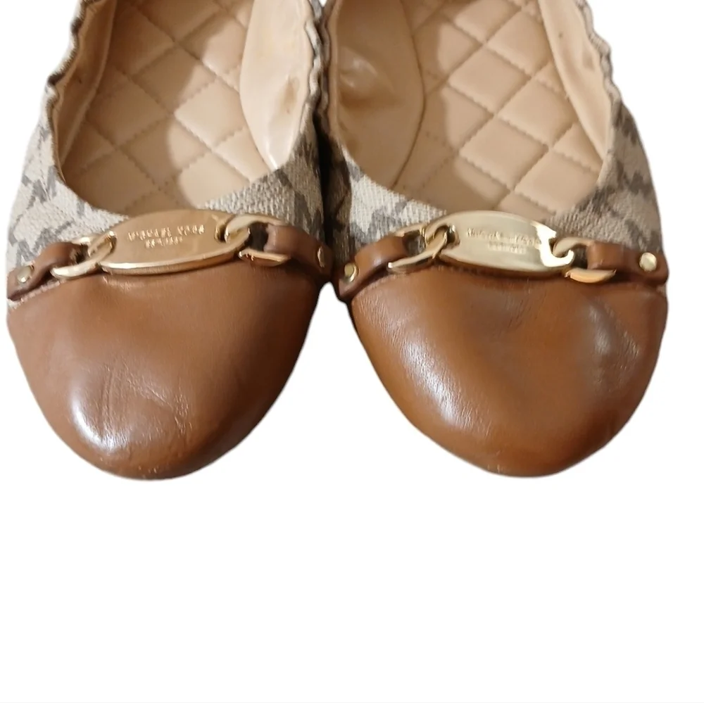 Micheal Kors Joyce Ballet Flat Brown and Tan Signature MK Print Size 7